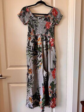 Patrons of Peace Smocked Tropical Jumpsuit Off Shoulder Wide Leg Gray Floral S